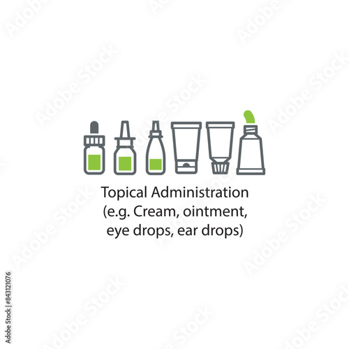 Diagram showing Topical Administration - Cream, ointment, eye drops, ear drops - drug delivery route scientific illustration.