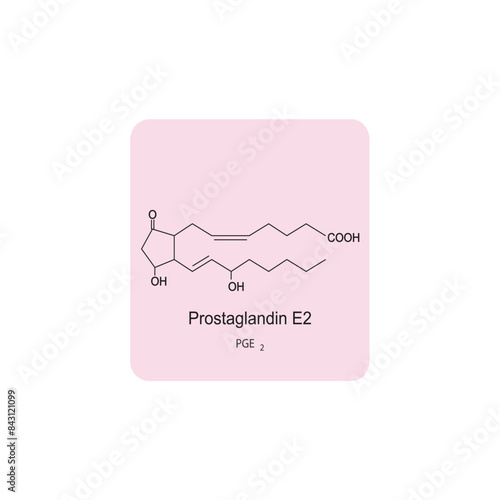 Prostaglandin E2 skeletal structure diagram.Prostanoid compound molecule scientific illustration on pink background. photo