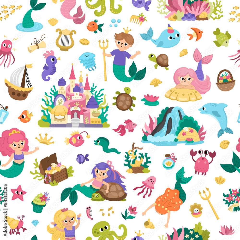 Vector mermaids seamless pattern. Underwater kingdom repeat background with princess, fish, castle, seaweeds, animals treasure, tortoise. Cartoon water, marine fairytale digital paper for kids. Vector mermaids seamless pattern. Underwater kingdom repeat background with princess, fish, castle, seaweeds, animals treasure, tortoise. Cartoon water, marine fairytale digital paper for kids.
