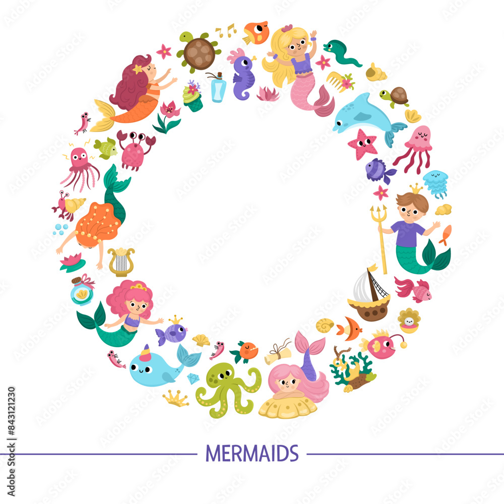 Vector round frame wreath with mermaids. Underwater kingdom card template with princess, fish, castle, seaweeds framed in circle. Marine fairytale border design for banners, invitations. Vector round frame wreath with mermaids. Underwater kingdom card template with princess, fish, castle, seaweeds framed in circle. Marine fairytale border design for banners, invitations.