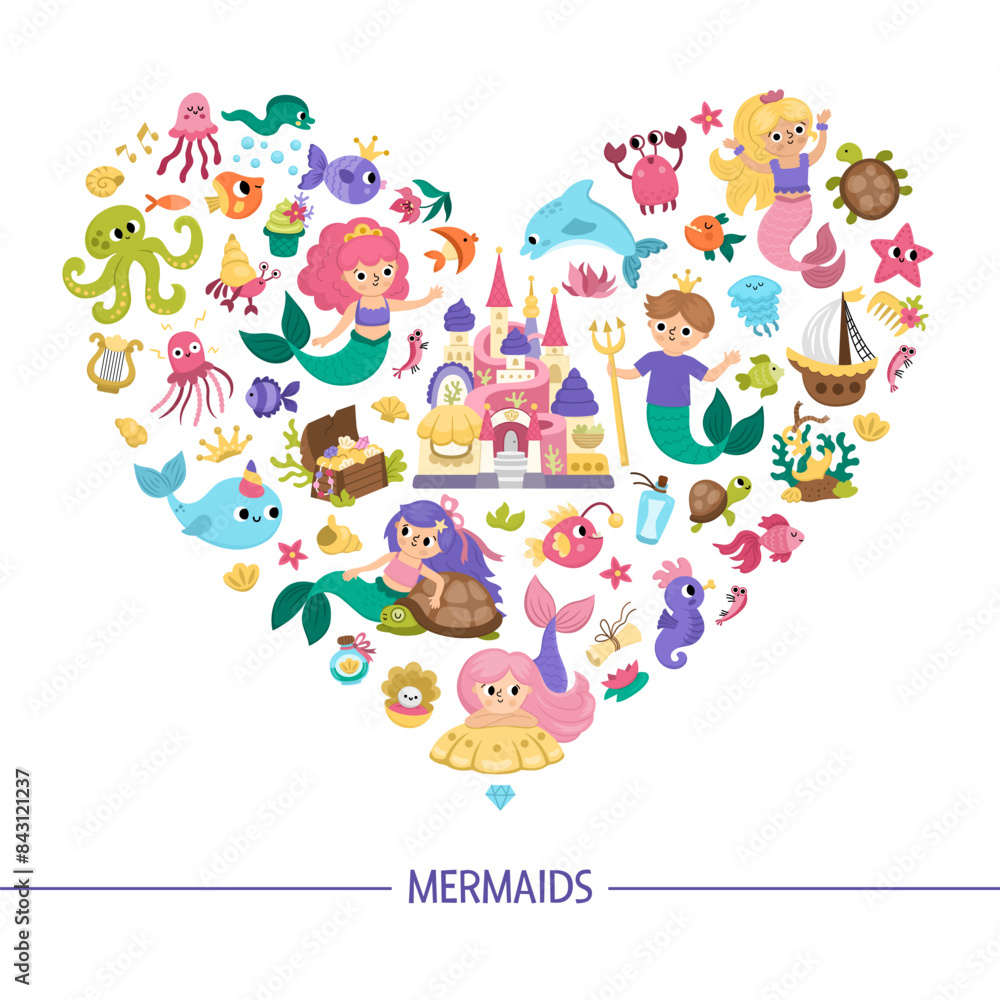 Vector heart shaped frame with mermaids. Underwater kingdom card template with princess, fish, castle, seaweeds. Marine fairytale card design for banners, invitations with love concept. Vector heart shaped frame with mermaids. Underwater kingdom card template with princess, fish, castle, seaweeds. Marine fairytale card design for banners, invitations with love concept.