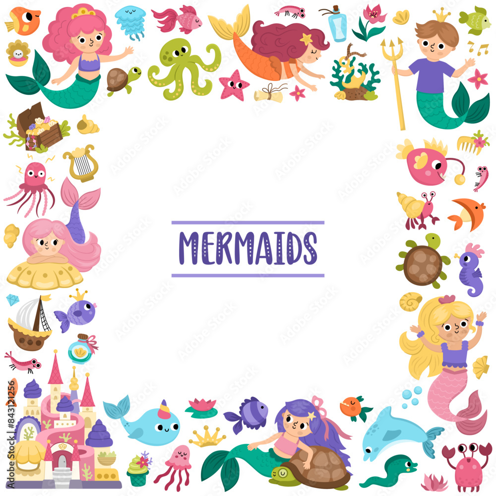Vector square frame with mermaids. Underwater kingdom card template with princess, fish, castle, seaweeds, dolphin, ship. Marine fairytale border design for banners, invitations. Vector square frame with mermaids. Underwater kingdom card template with princess, fish, castle, seaweeds, dolphin, ship. Marine fairytale border design for banners, invitations.