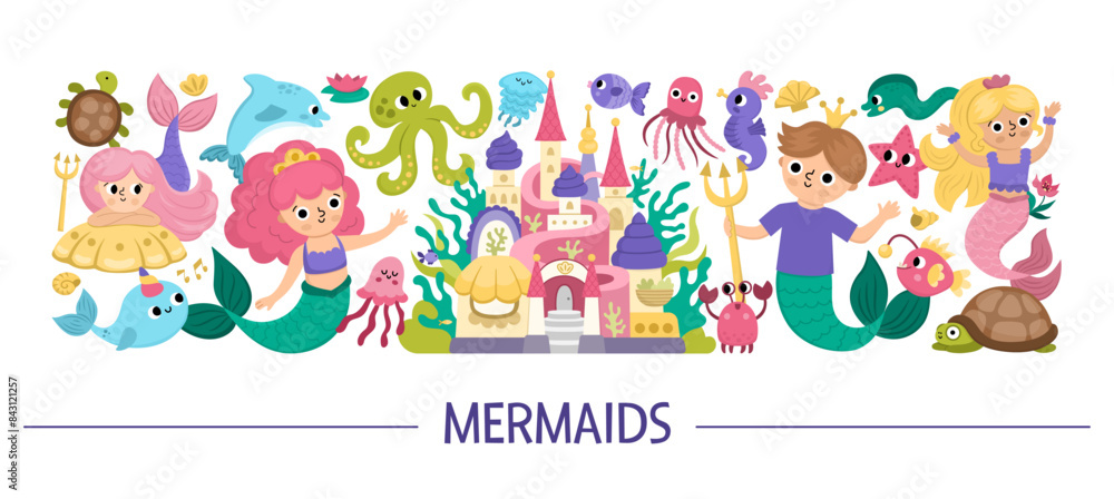 Vector horizontal mermaids set. Underwater kingdom card template design with ocean princess, prince, castle. Marine fairytale characters for kids. Cute water or sea adventures border with sirens. Vector horizontal mermaids set. Underwater kingdom card template design with ocean princess, prince, castle. Marine fairytale characters for kids. Cute water or sea adventures border with sirens.