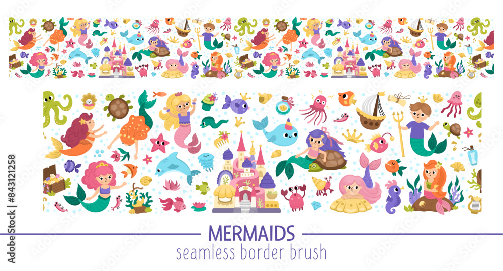 Vector mermaids seamless pattern brush. Underwater kingdom horizontal border repeat background with princess, fish, castle, seaweed, animal. Cartoon water, marine fairytale washy tape design. Vector mermaids seamless pattern brush. Underwater kingdom horizontal border repeat background with princess, fish, castle, seaweed, animal. Cartoon water, marine fairytale washy tape design.