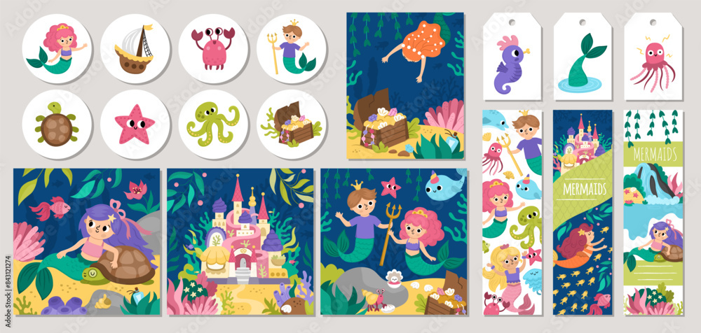 Cute mermaid cards set with princess, fish, castle, animals, treasure, tortoise. Vector cartoon underwater kingdom square, round, vertical print templates designs for tags, postcard. Cute mermaid cards set with princess, fish, castle, animals, treasure, tortoise. Vector cartoon underwater kingdom square, round, vertical print templates designs for tags, postcard.
