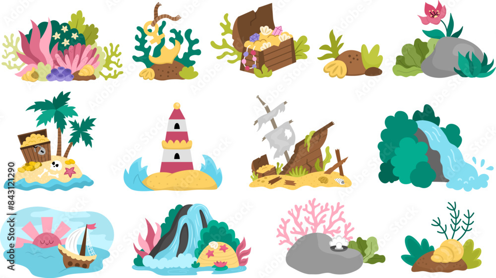 Fototapeta premium Vector marine composition set with ship, treasure chest, deserted island, lighthouse. Mermaid, pirate or sea adventure concepts collection. Ocean or underwater landscape clipart elements.