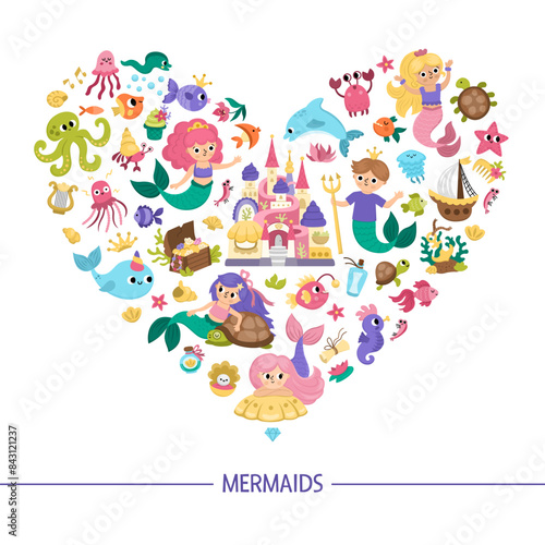 Vector heart shaped frame with mermaids. Underwater kingdom card template with princess, fish, castle, seaweeds. Marine fairytale card design for banners, invitations with love concept.