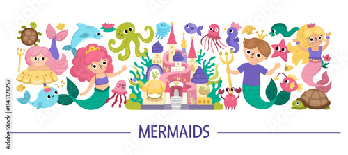 Vector horizontal mermaids set. Underwater kingdom card template design with ocean princess, prince, castle. Marine fairytale characters for kids. Cute water or sea adventures border with sirens.