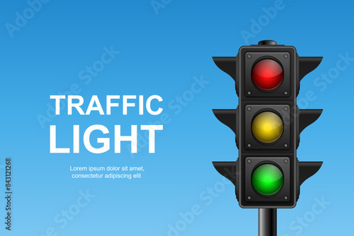 Vector Realistic Hanging Traffic Signal with Green, Yellow and Red Light. Traffic Light on Blue Sky Background photo