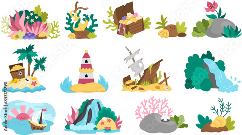 Vector marine composition set with ship, treasure chest, deserted island, lighthouse. Mermaid, pirate or sea adventure concepts collection. Ocean or underwater landscape clipart elements.
