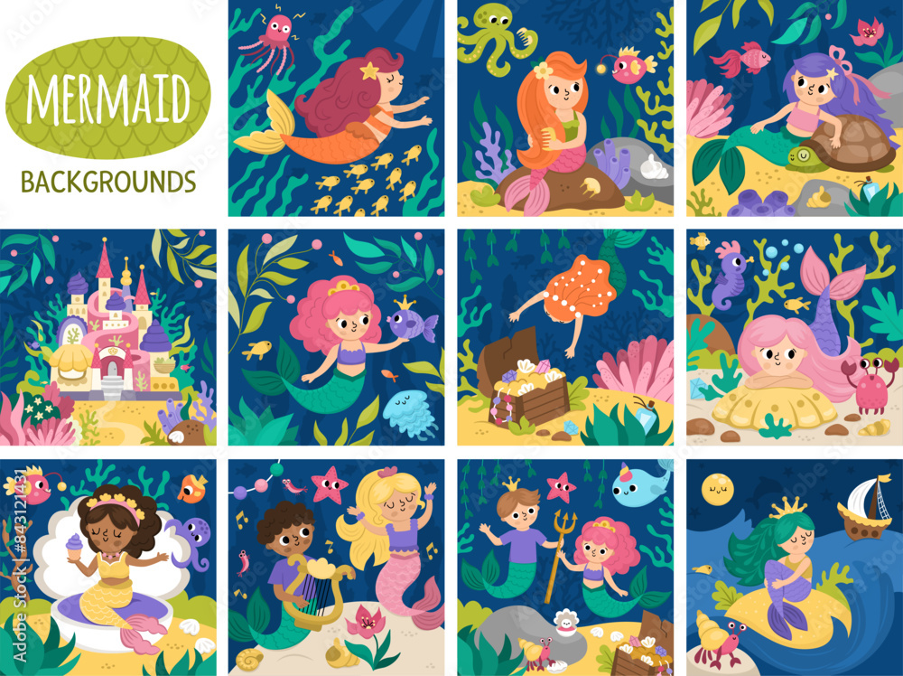 Fototapeta premium Vector set of landscape illustrations with mermaid. Ocean or sea kingdom scenes collection with marine princess, castle, treasure chest, prince. Cute square fairytale backgrounds for kids.