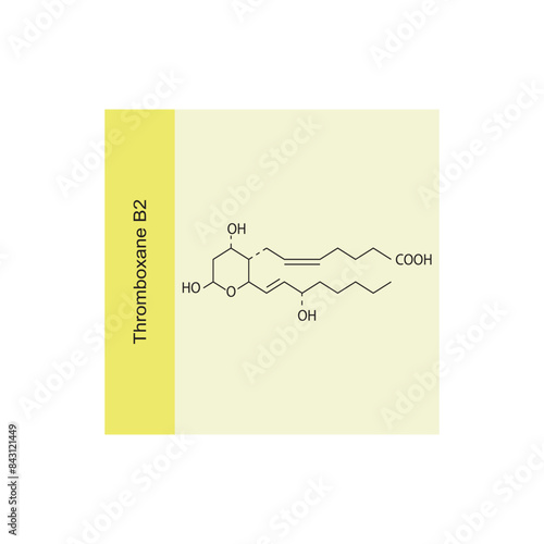 Thromboxane B2 skeletal structure diagram.Prostanoid compound molecule scientific illustration on yellow background.