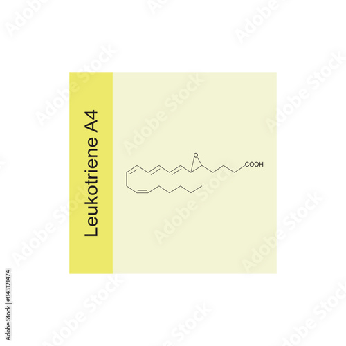 Leukotriene A4 skeletal structure diagram.Leukotriene compound molecule scientific illustration on yellow background.