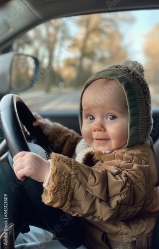 An adorable baby dressed warmly in a brown jacket and knit hat, sitting in the driver's seat of a car and holding the steering wheel with a cheerful expression  AI Generated Digital Art