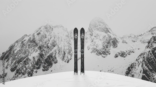 A black and white winter landscape, featuring a pair of skis standing upright in the snow with a backdrop of majestic, snow-covered mountains - AI Generated Digital Art