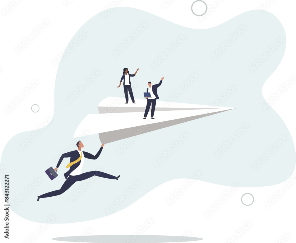 businessman manager launching paper plane origami with team colleagues.Mentor or support employee to success,flat vector illustration. businessman manager launching paper plane origami with team colleagues.Mentor or support employee to success,flat vector illustration.