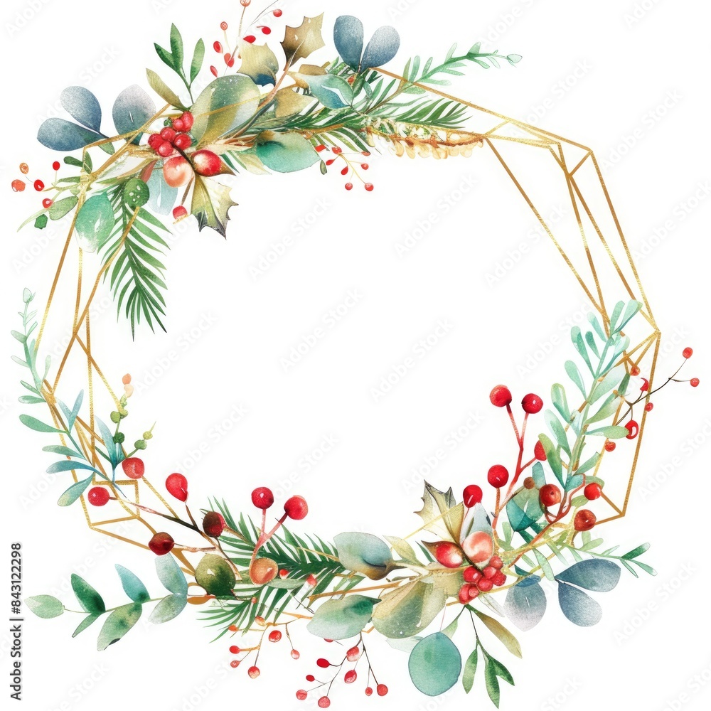 Fototapeta premium Gold Geometric Border. Watercolor Christmas Wreath with Berries and Floral Bouquet
