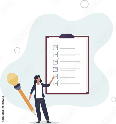 businesswoman complete survey with lightbulb pencil. Survey or feedback opinion,flat vector illustration.