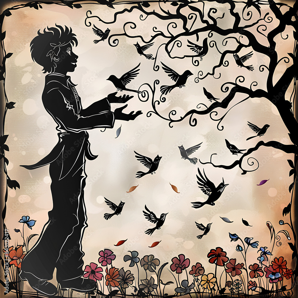 Fototapeta premium Silhouette of Boy Releasing Birds in Vintage Style