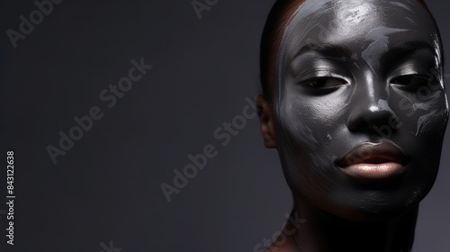 Beautiful young African black woman with facial mask on her face on a background with Copy Space. Young African American Woman with clay mask on her face. Beautiful African female with Facial Mask. 