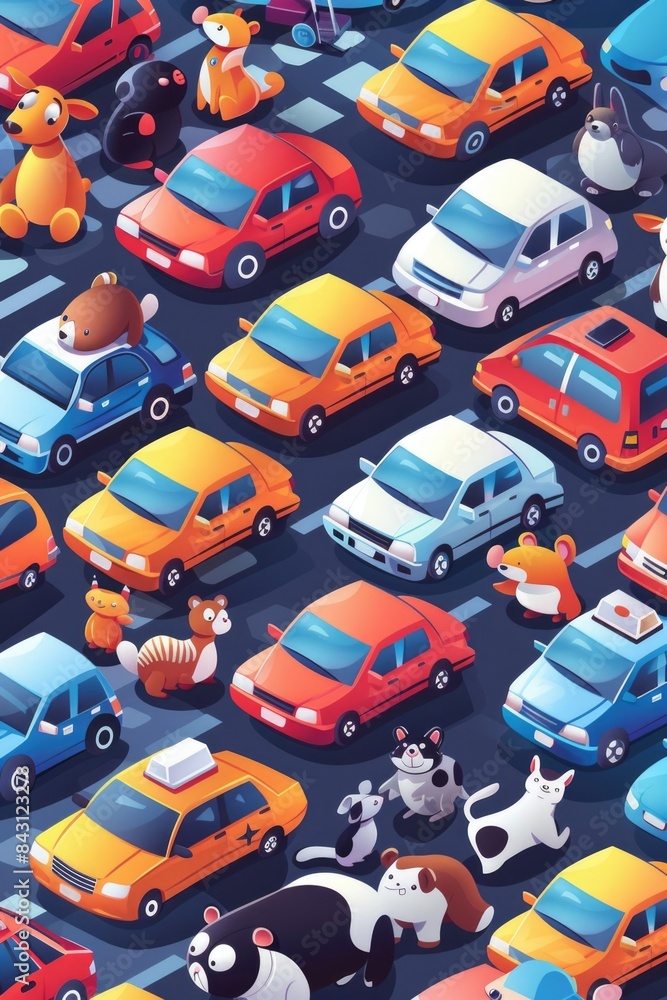 A colorful scene of various cartoon cars parked together, perfect for use in illustrations, animations or marketing materials A colorful scene of various cartoon cars parked together, perfect for use in illustrations, animations or marketing materials