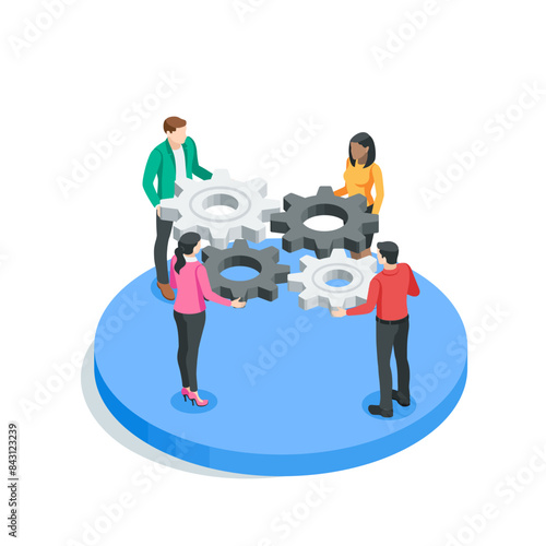 isometric vector people putting together gears into one mechanism, in color on a white background, teamwork or a common task