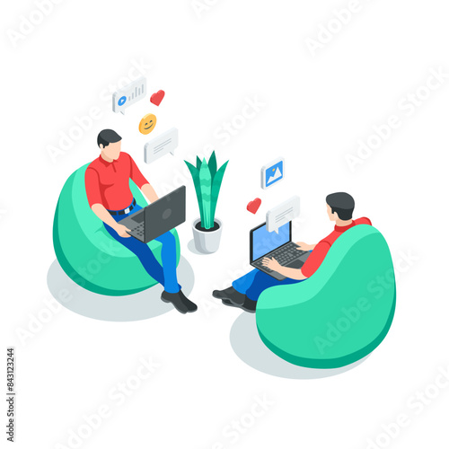 isometric vector man with a laptop sitting in a beanbag chair, in color on a white background, working in a comfortable environment remotely or internet communication