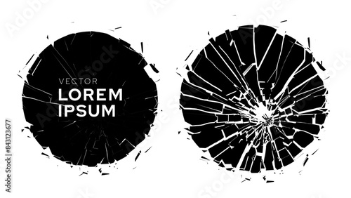 Broken Glass Circles with Cracks. Abstract Comic Book Flash Explosion Blast Radial Lines. Shattered, Fractured and Broken Geometric Circles. Damaged Texture. Vector Illustration.