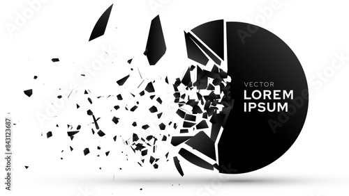 Shattered Circle Banner Explodes Isolated on White Background. Broken Shape With Cracks and Flying Fragments. Vector Illustration.
