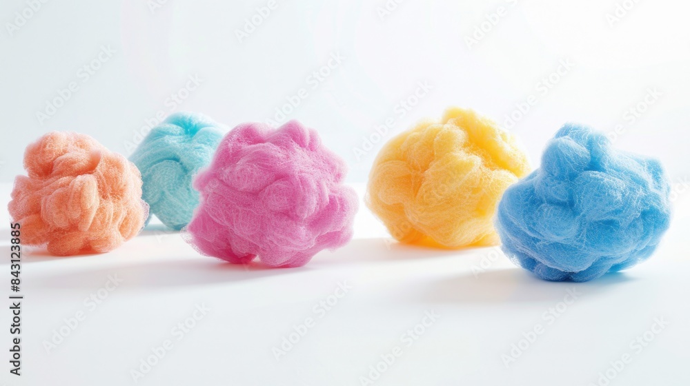 A collection of brightly colored wool balls arranged on a white surface A collection of brightly colored wool balls arranged on a white surface
