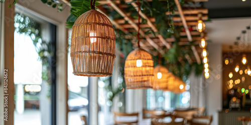 Closeup of hanging lights hanging in a row. Coffee shop interior design with lighting and hanging decorations © IndigoElf