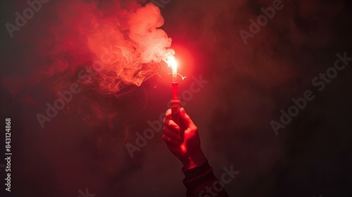 hand holding lit red flare stick with smoke against a dark background, celebration concept