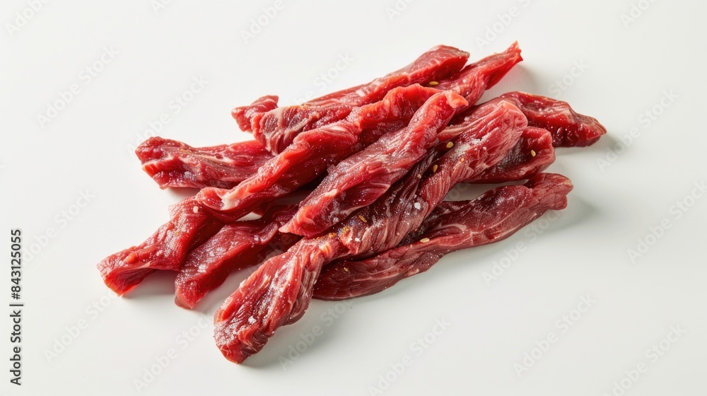 A close-up view of raw beef placed on a white surface A close-up view of raw beef placed on a white surface