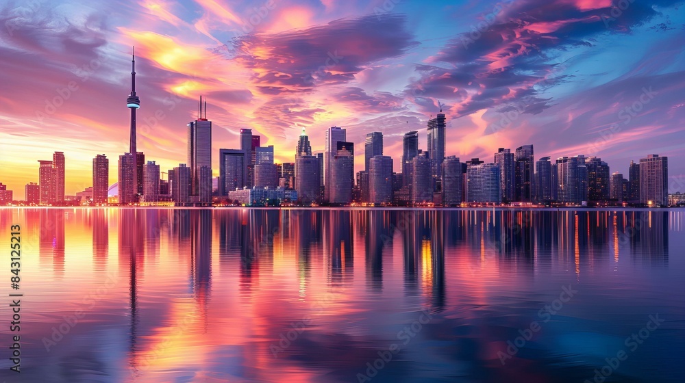 skyline at sunset, vibrant colors reflecting on water and skyscrapers standing tall, pink and purple hues skyline at sunset, vibrant colors reflecting on water and skyscrapers standing tall, pink and purple hues