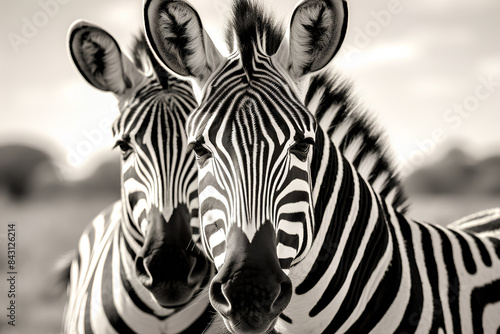 Close-up of two Zebras, Tanzania. Black and white.