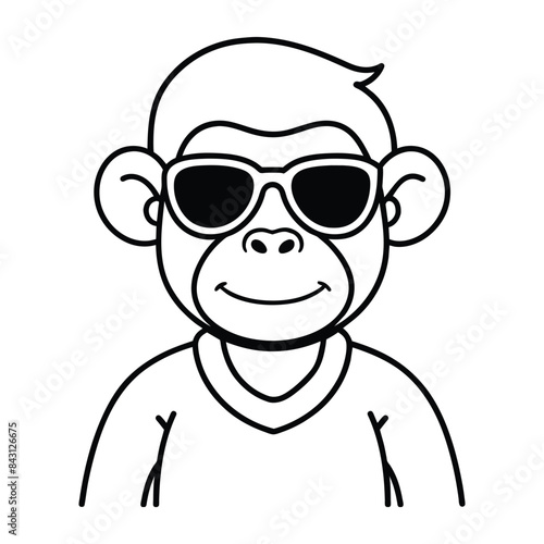 cute smiling cartoon character of monkey in tshirt wearing sunglasses anthropic animal vector outline photo