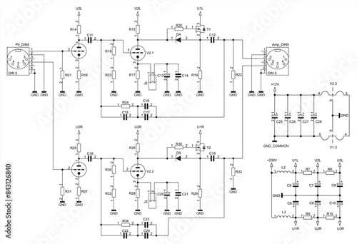 Schematic diagram of electronic device on sheet of paper. Vector drawing electrical circuit with connector, capacitor,
resistor, coil, diode, lamp, other components. photo