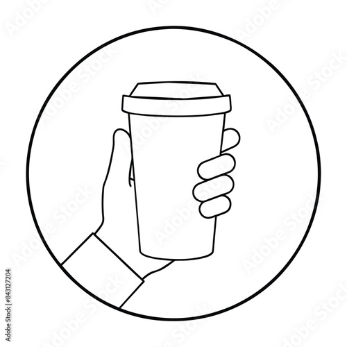 Vector illustration of a hand holding a takeaway coffee cup in a circular frame