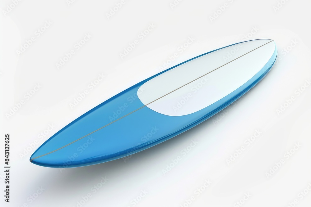 A blue and white surfboard lying flat on a white surface A blue and white surfboard lying flat on a white surface