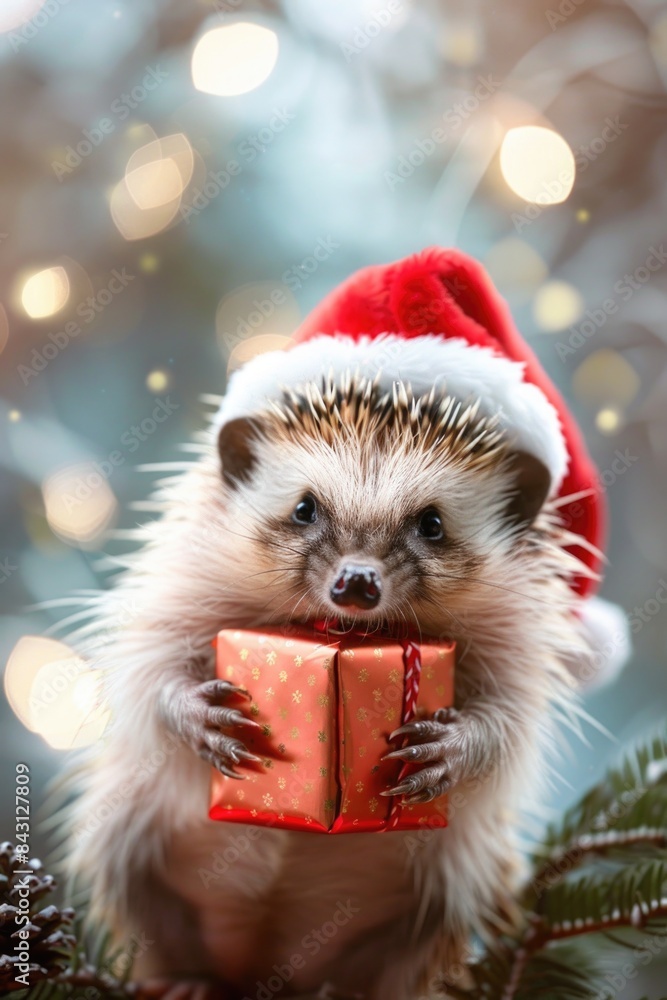 A hedge with a Santa hat and a present, perfect for Christmas or winter-themed photoshoots A hedge with a Santa hat and a present, perfect for Christmas or winter-themed photoshoots