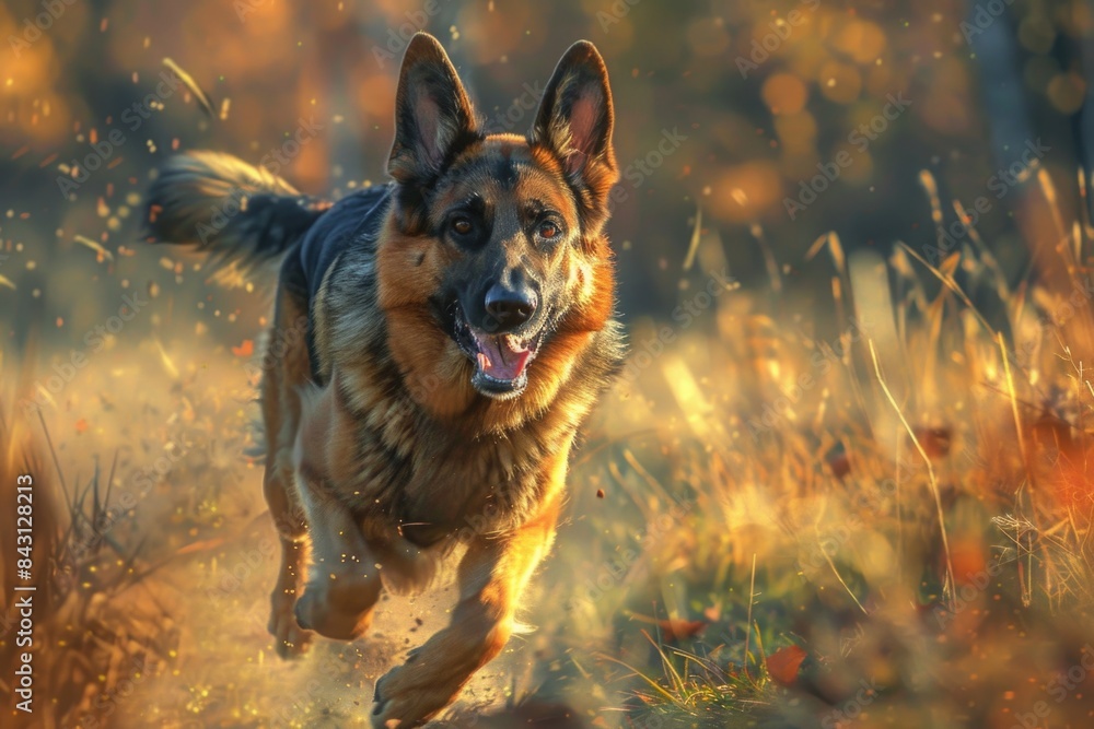 A German Shepherd dog running freely in a green open field, possibly during exercise or play A German Shepherd dog running freely in a green open field, possibly during exercise or play