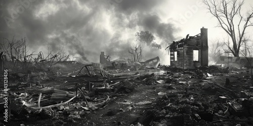 A black and white image of a severely damaged home exterior with debris and destruction © Fotograf