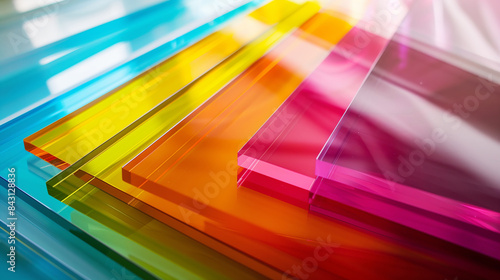 Thick sheets of transparent plexiglass in bright colors lying on top of each other