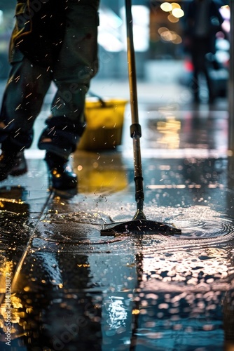 A person stands on a wet sidewalk holding a broom, ready to sweep away the water