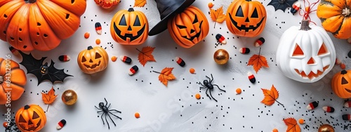 Elegant and minimalistic Halloween decorations, featuring a table with Halloween-themed treats, isolated on a white background.