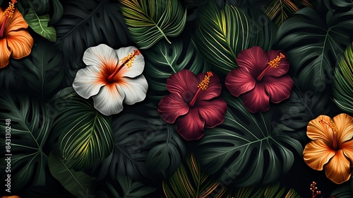 Seamless repeating pattern of tropical leaves and flowers with a dark background, creating a striking contrast