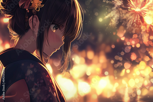 Anime Girl In Kimono Watching Fireworks At Night