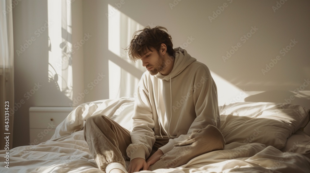 Fototapeta premium Sad, depressed young man sitting alone in a room.