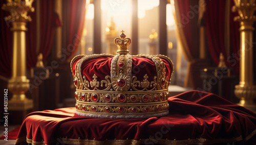 Close-up of a king's crown with red velvet and gold details on a red cloth in a royal setting - Generative AI