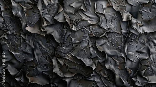 Plastic texture. Black melted plastic thin leaves superimposed on each other. photo